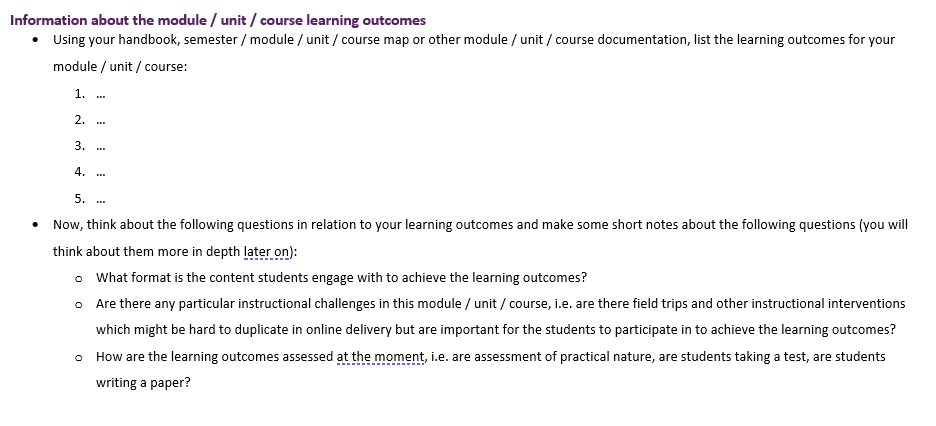 Screenshot of the workbook section Information about the module / unit / course learning outcomes